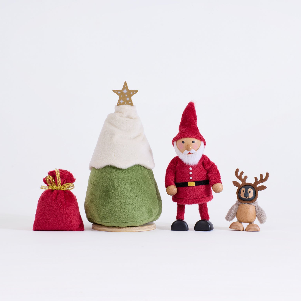 Cheery Santa set with Santa, baby penguin wearing reindeer antlers, Christmas tree and red Santa sack