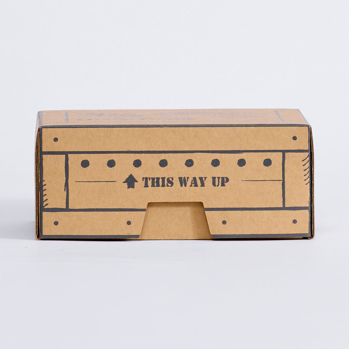 Barnfields shared gift box showing the this way up panel and opening tab