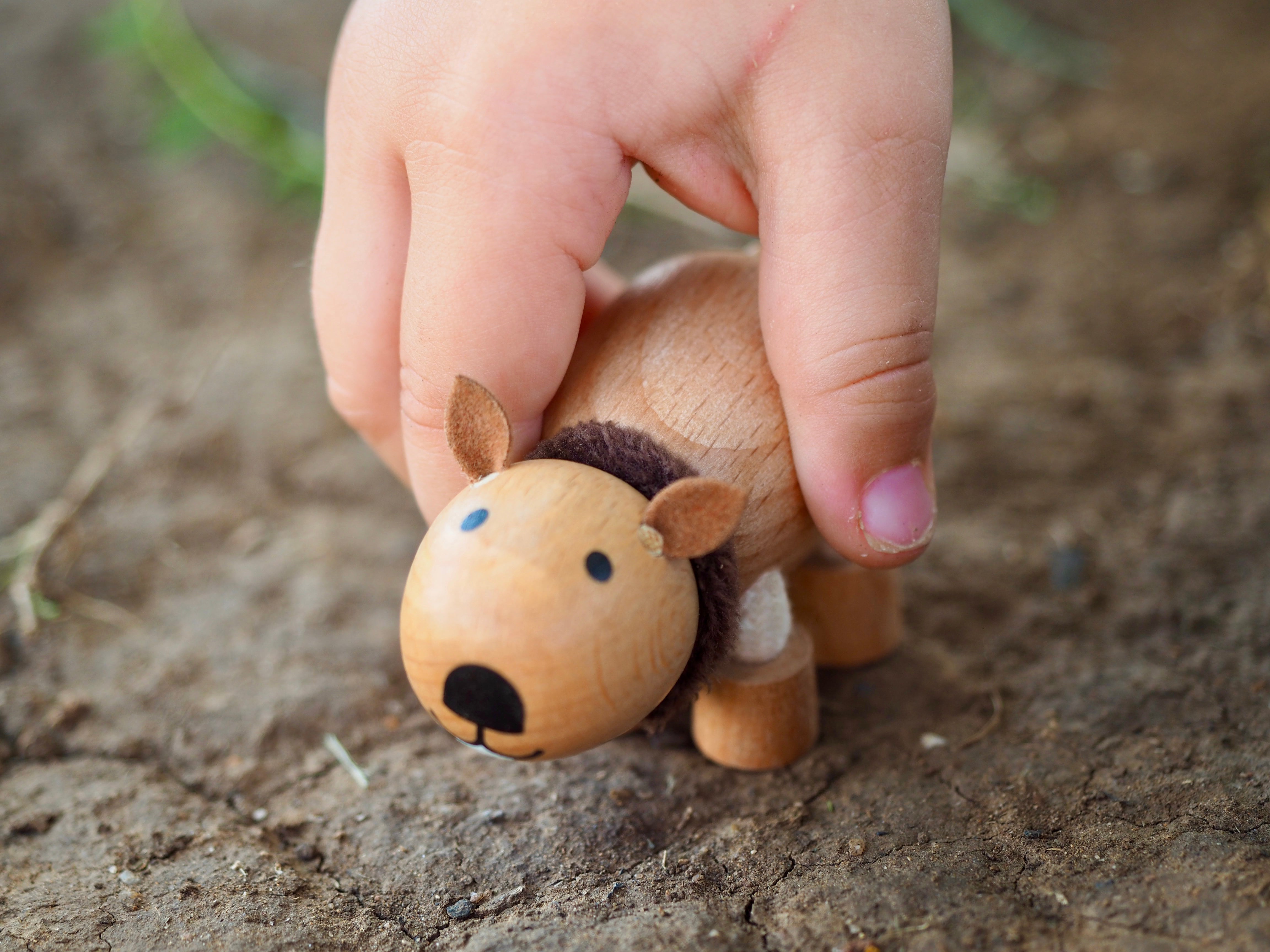 Small wooden wombat figurine held by a child's hand on dirt background