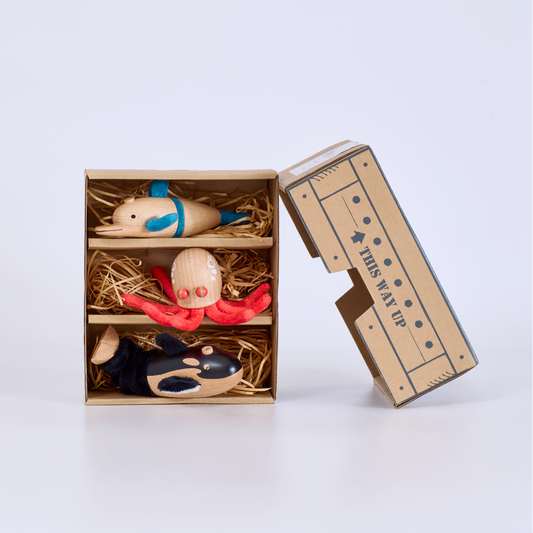 Toy figures on a cardboard box with 'anamalz' branding on a light gray background