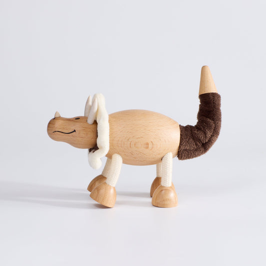 Wooden Dinosaur Toys for Toddlers with white and brown fabric design bending it's front legs