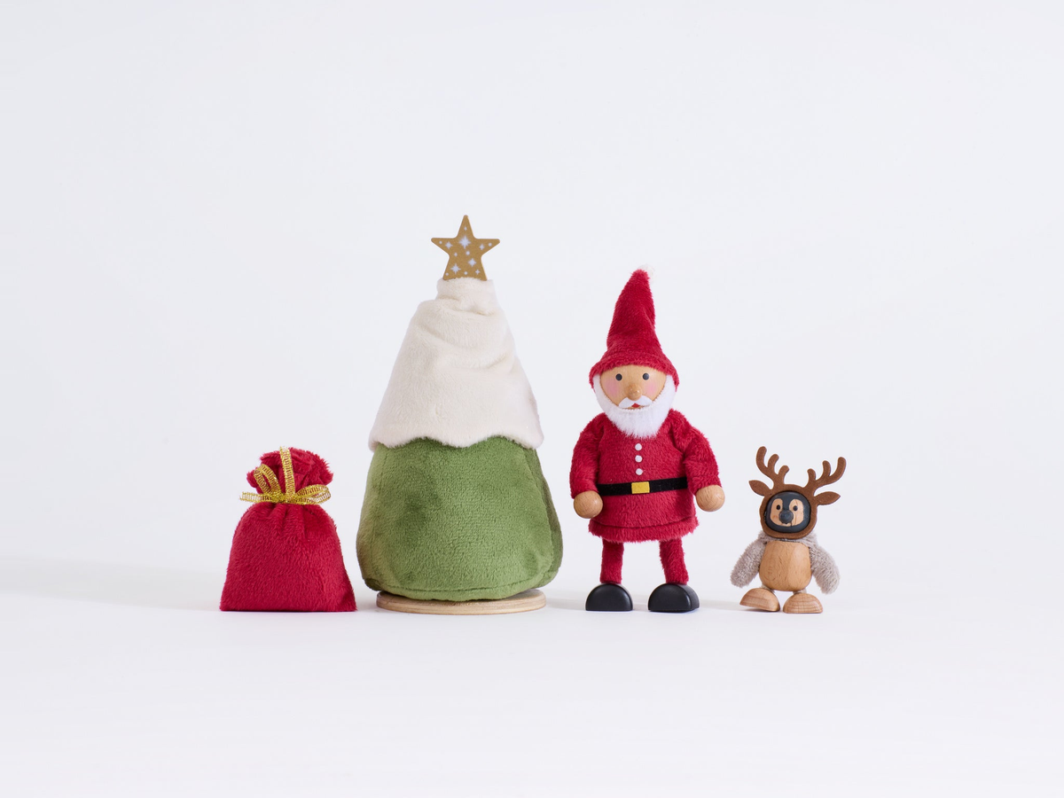 Cheery Santa set with Santa, baby penguin wearing reindeer antlers, Christmas tree and red Santa sack
