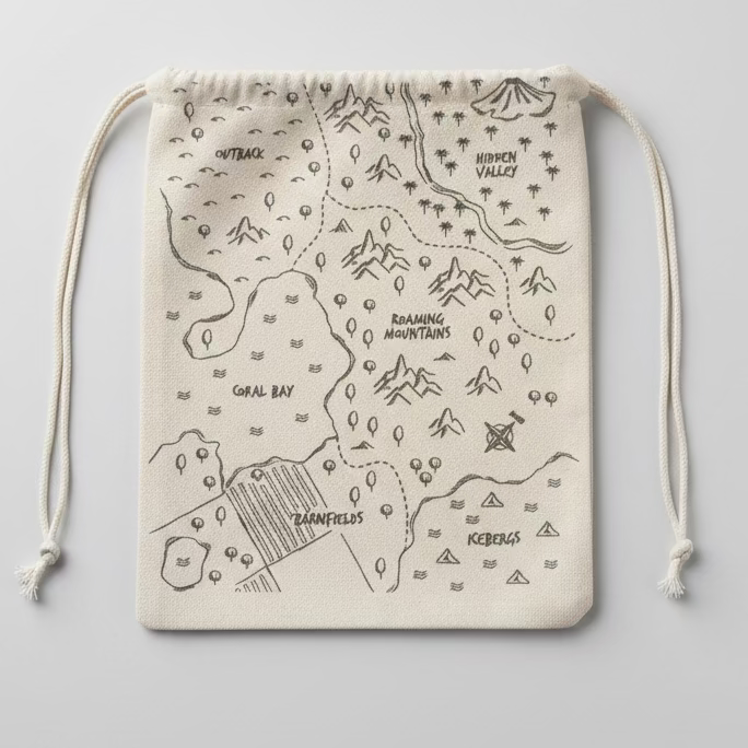 A drawstring pouch made of light beige canvas fabric, printed with a dark gray fantasy map design featuring text like 'Crimson Dawn' and 'Cursed Forest.' The pouch is laid flat on a brown wooden surface.