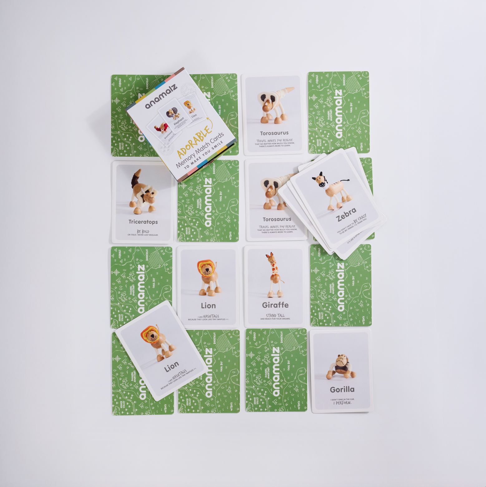 Collection of animal-themed cards flipped different ways with 'anamalz' branding.