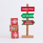 Square detail of the Christmas direction sign beside all three wooden present blocks