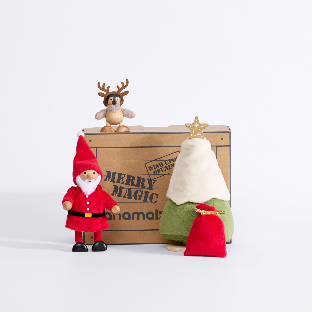 Cheery Santa with the Merry Magic gift box, baby penguin in antlers, Christmas tree and red sack
