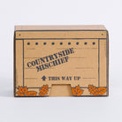 Harvest Mini Crate box showing the Countryside Mischief panel with This Way Up arrow and autumn leaves