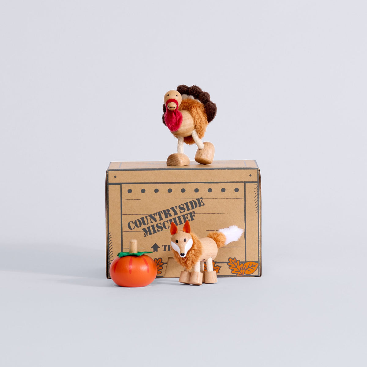 Harvest Mini Crate with a wooden turkey standing on the box and fox and pumpkin figures in front